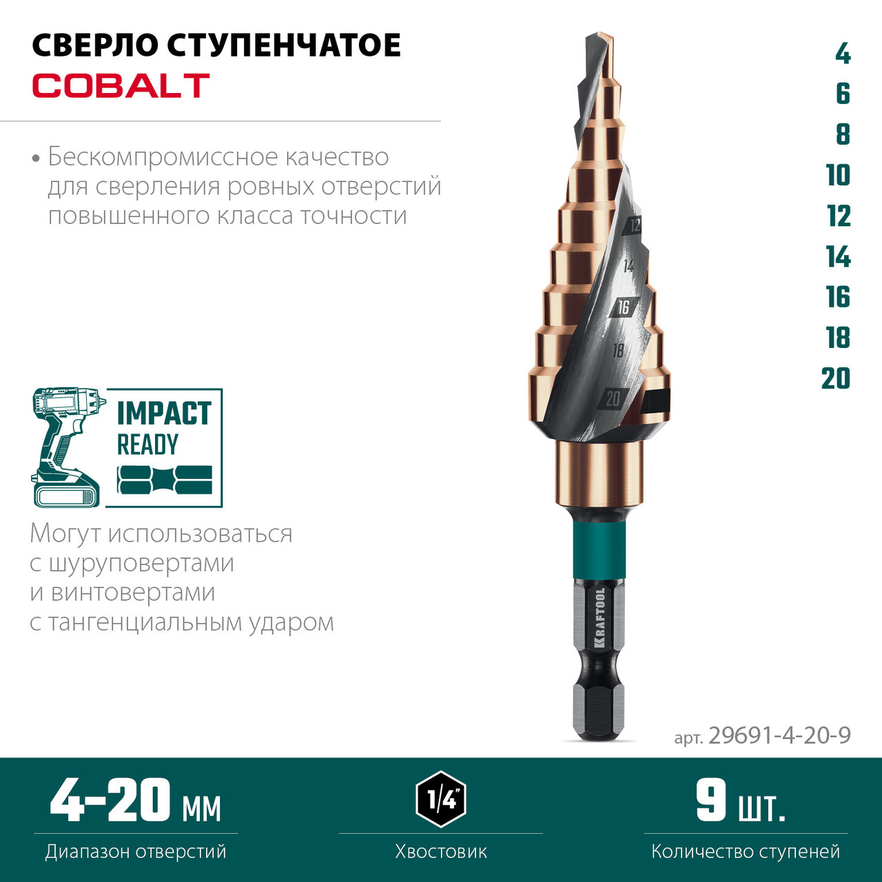 Сверло ступенчатое KRAFTOOL COBALT 4-20 мм, 9 ступеней, азотирование, винтовая спираль (29691-4-20-9)