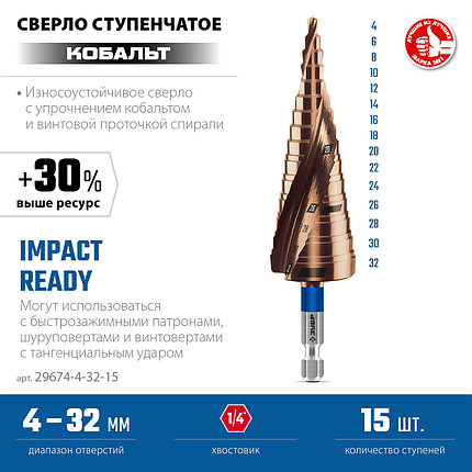 Сверло ступенчатое, ЗУБР КОБАЛЬТ 4-32 мм, 15 ступеней, винтовая проточка, серия "Профессионал" (29674-4-32-15), фото 1