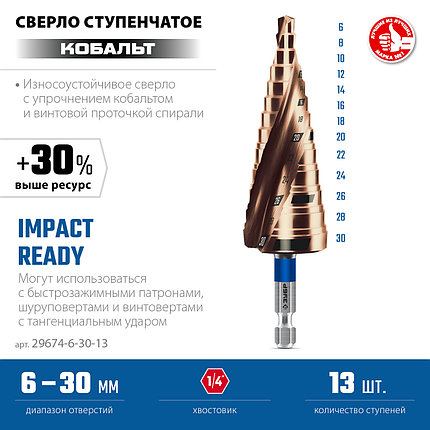 Сверло ступенчатое, ЗУБР КОБАЛЬТ 6-30 мм, 13 ступеней, винтовая проточка, серия "Профессионал" (29674-6-30-13), фото 1