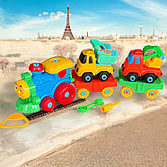 8699 Паровоз+ 2 прицепа+ 2 стройтельные машины в колбе разберайка 42х10см, фото 2