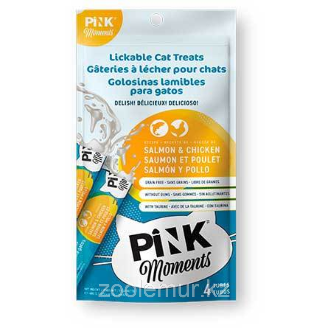 Pink moments пюре-лакомство для кошек и котят из филе лосося и курицы с тунцом, 75 гр