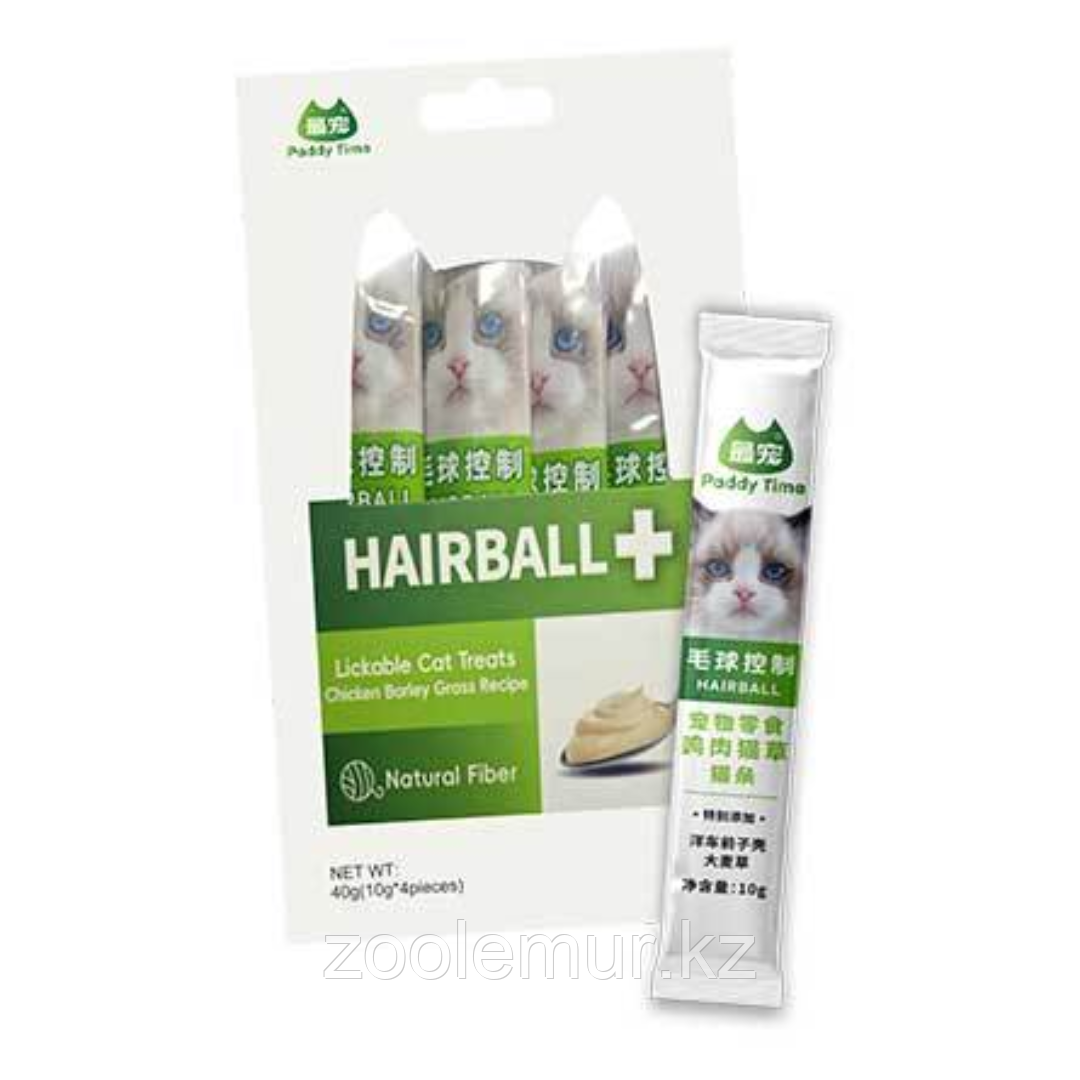 Paddy time функциональное лакомство-пюре Hairball+ для кошек и котят на основе куриного филе с тунцом, 40 г