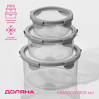 Контейнеры для еды Доляна, пластик, набор 3 шт., 500 мл, 1 л, 1.9 л, прозрачные