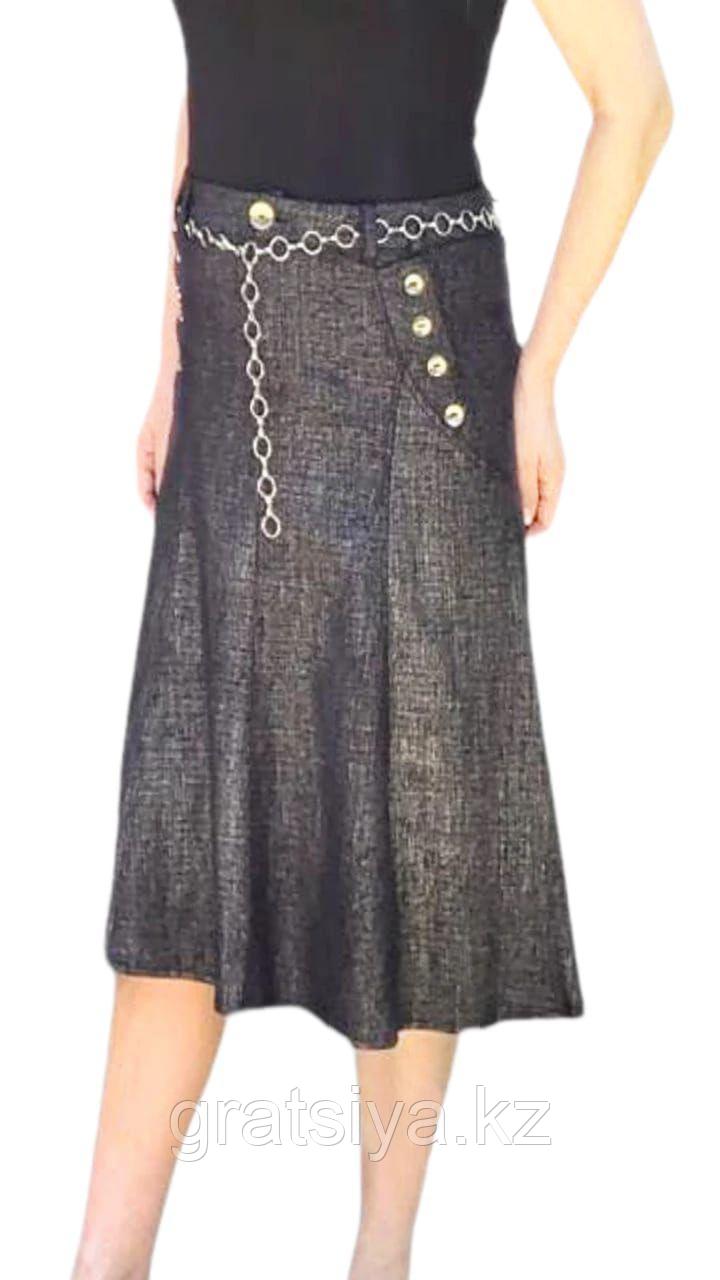 Женская Юбка Клиньями Полу-расклешенный крой с Ремнем Черно Серебристого Цвета - фото 1 - id-p97601124