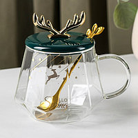 Кружка с керамической крышкой и ложкой «Бэмби», 350 мл, стекло, рисунок МИКС