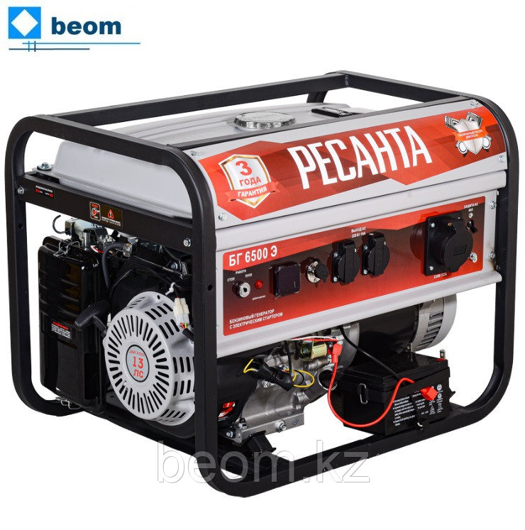Бензиновый генератор Ресанта БГ 6500 Э ( 5 кВт | 220В | л.с. 13 | бак л 22 | Вес, кг 81.1 | ручной стартер / электростартер )