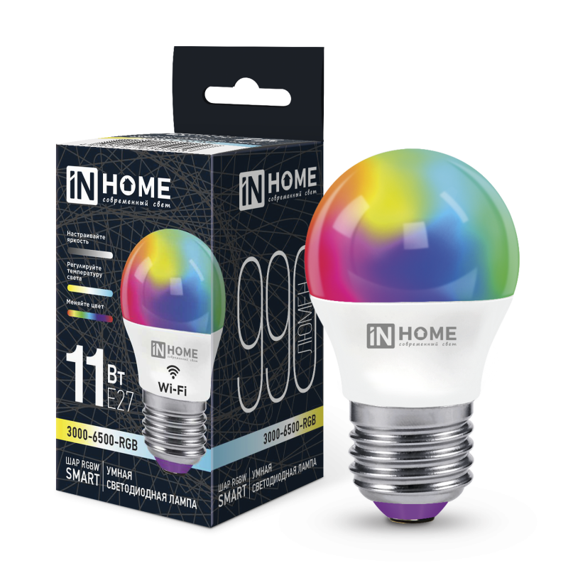 Лампа сд LED-ШАР-RGBW-SMART 11Вт 230В димм. Е27 3000-6500К 990Лм IN HOME, фото 1