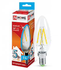 Лампа светодиодная LED-СВЕЧА-deco 5Вт 230В Е14 4000К 450Лм прозрачная IN HOME