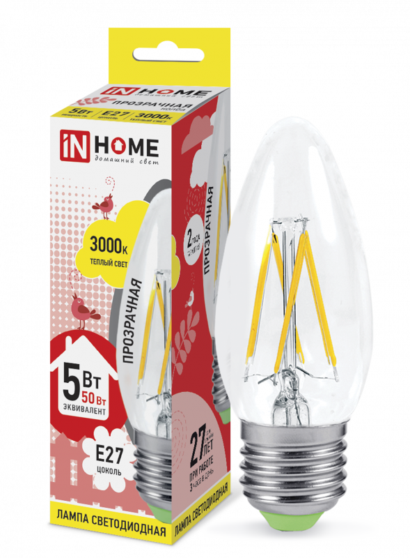 Лампа светодиодная LED-СВЕЧА-deco 5Вт 230В Е27 3000К 450Лм прозрачная IN HOME