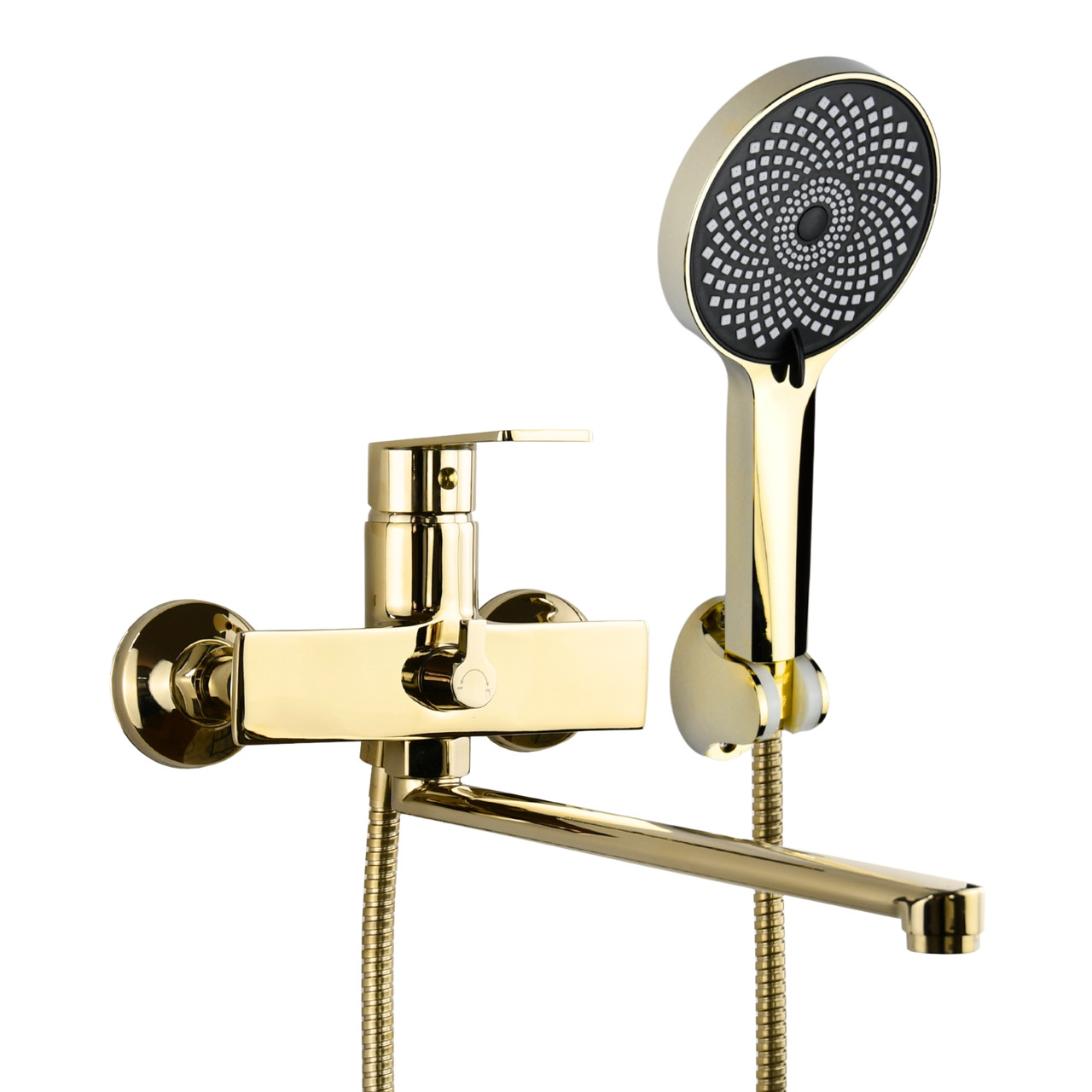 Смеситель для ванны Atlas Jupiter JP0004406 с длинным гусаком 35 см, шланг 140 см, золотистый, цинк  (Ширина -, фото 1