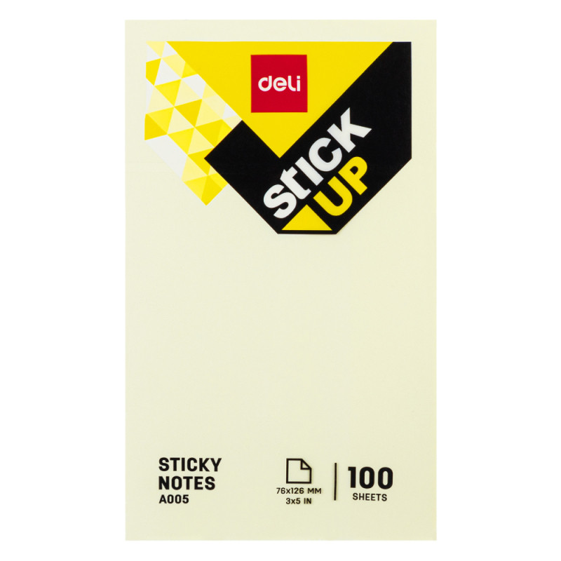 Клейкие листки DELI "Stick Up", 76х126 мм, желтые, 100 листов, пленка