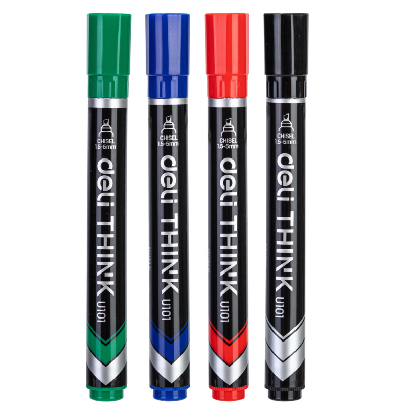 Набор перманентных маркеров DELI "U101", 1,5-5 мм, скошенный, 4 цвета, фото 1