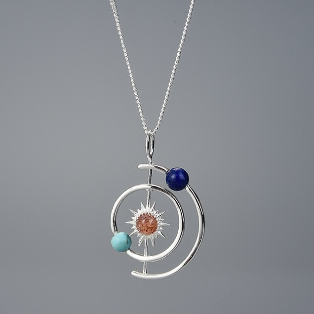 Кулон с цепью 45см 1,5гр, серебро 925пр Lotus Fun (ручная работа) вес 1,7гр, вставка лазурит, бирюза, солнечный камень, фото 1
