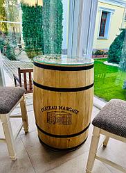 Деревянный стол-бочка с логотипом и стеклянной столешницей