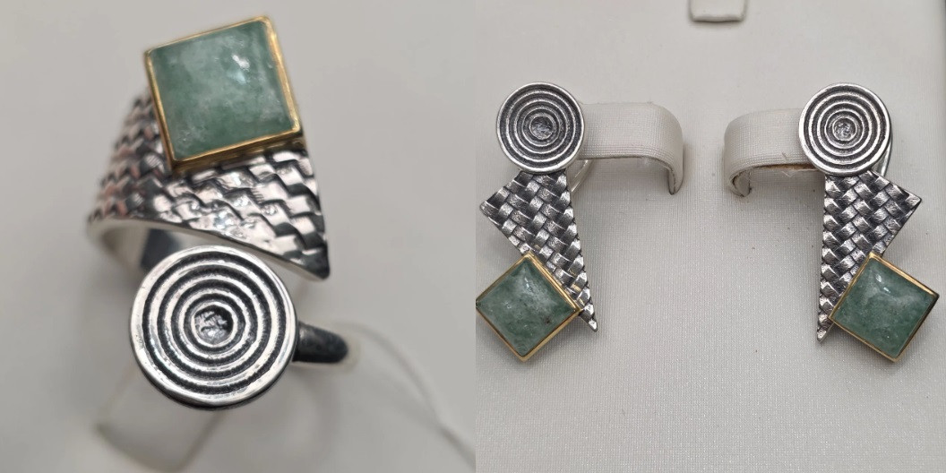 Женское серебряное 925пр кольцо Sarkissian  8.18гр с натур. кварц, размером 18.5, серебряные серьги 11,34гр, фото 1