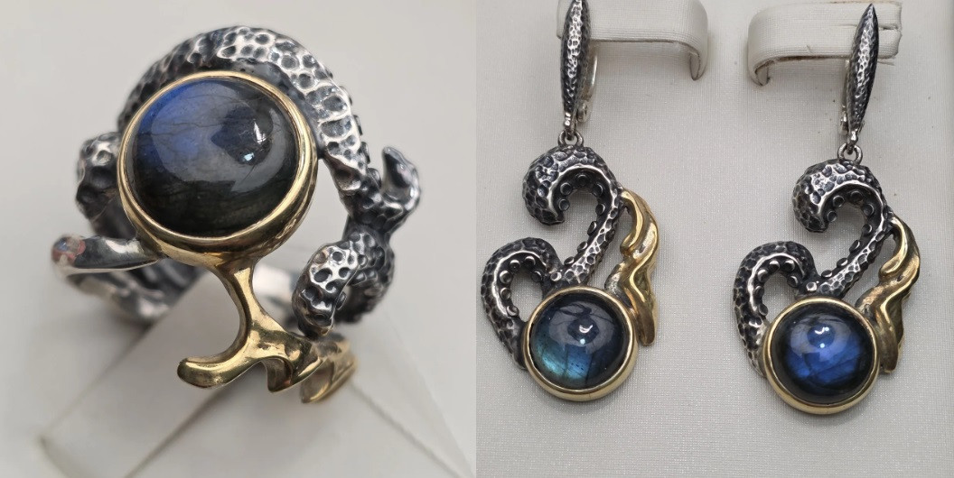 Женское серебряное 925пр кольцо Sarkissian (ручная работа) 15.18гр с натур. лабрадор, размером 18.5, серьги 17.4гр, фото 1