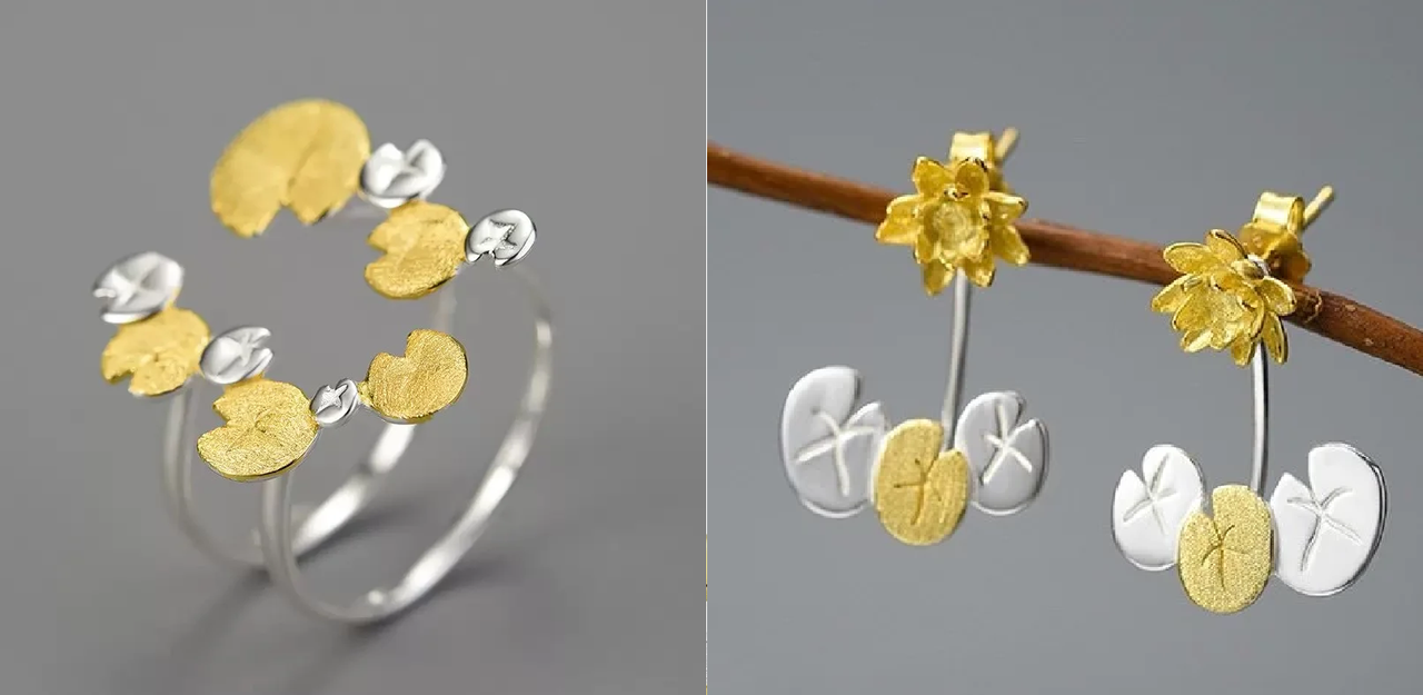 Набор 925пр кольцо Lotus Fun  (ручная работа) изменяемый размер, вес 3.0гр(позолоченное покрытие) cерьги 2,7гр, фото 1