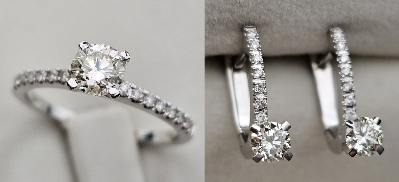 Золотой набор с бриллиантами (Кольцо 0,32Ct SI1/H VG, 0.13Ct VS2/H VG 17,5 р, серьги 0.93Ct SI1-VS1/I-G, VG-Cut, фото 1