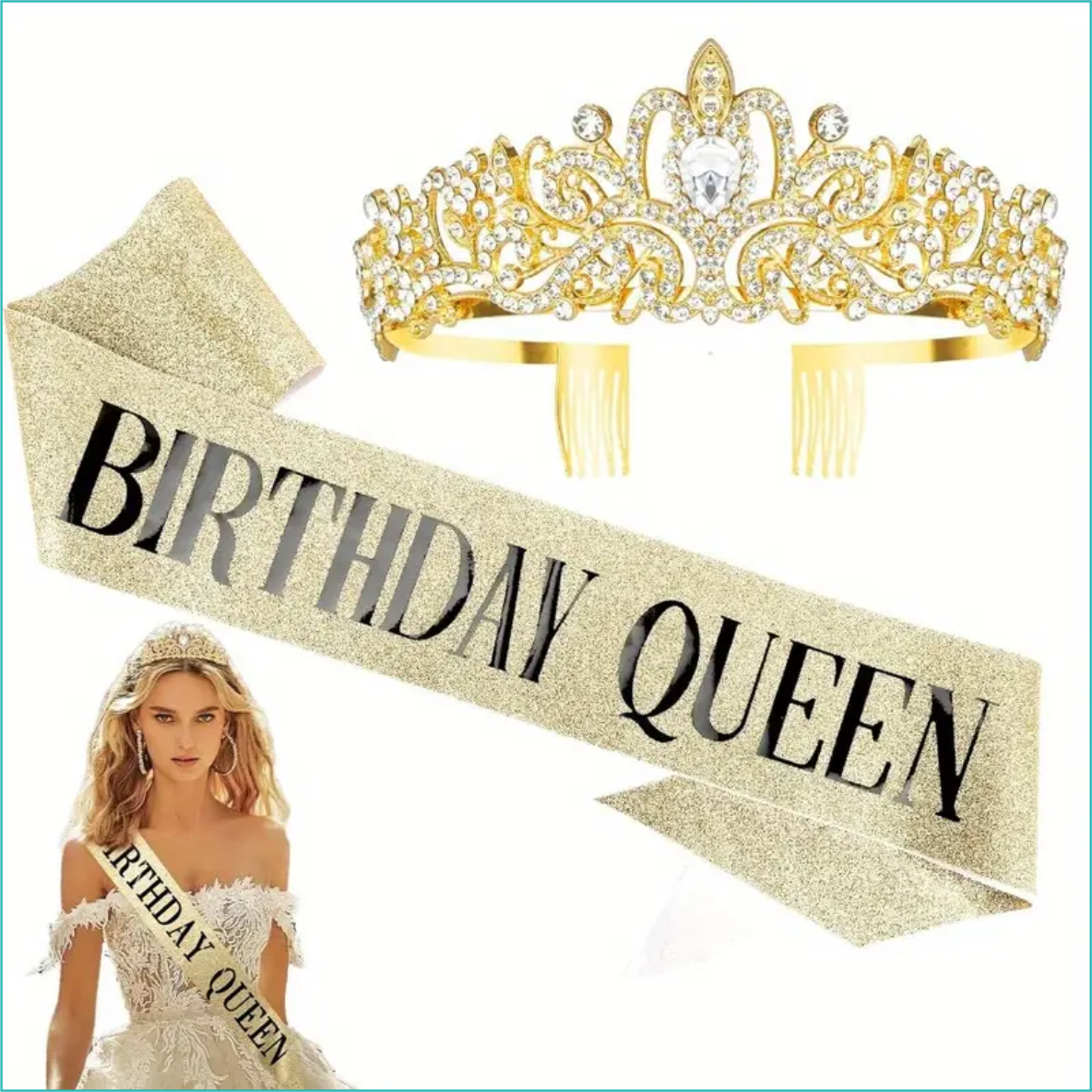 Набор для именинницы "Birthday Qween" — корона и лента (Gold)