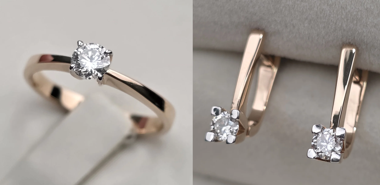 Золотой набор с бриллиантами (кольцо 16р 0.23Сt SI1/I VG - Cut , серьги 0.46Ct SI2/I, VG), фото 1