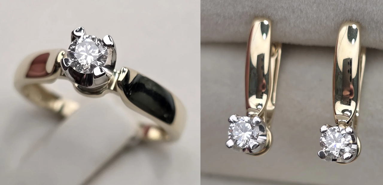 Золотой набор с бриллиантами (кольцо 17р 0.23Сt SI1/I VG - Cut, серьги 0.46Ct I1/I, VG)