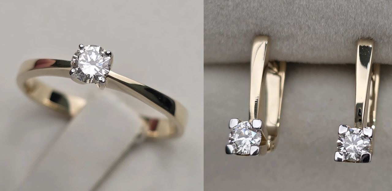 Золотой набор с бриллиантами (кольцо 17,5р 0.23Сt VS2/I VG - Cut, серьги 0.46Ct SI2-I1/I, VG ), фото 1