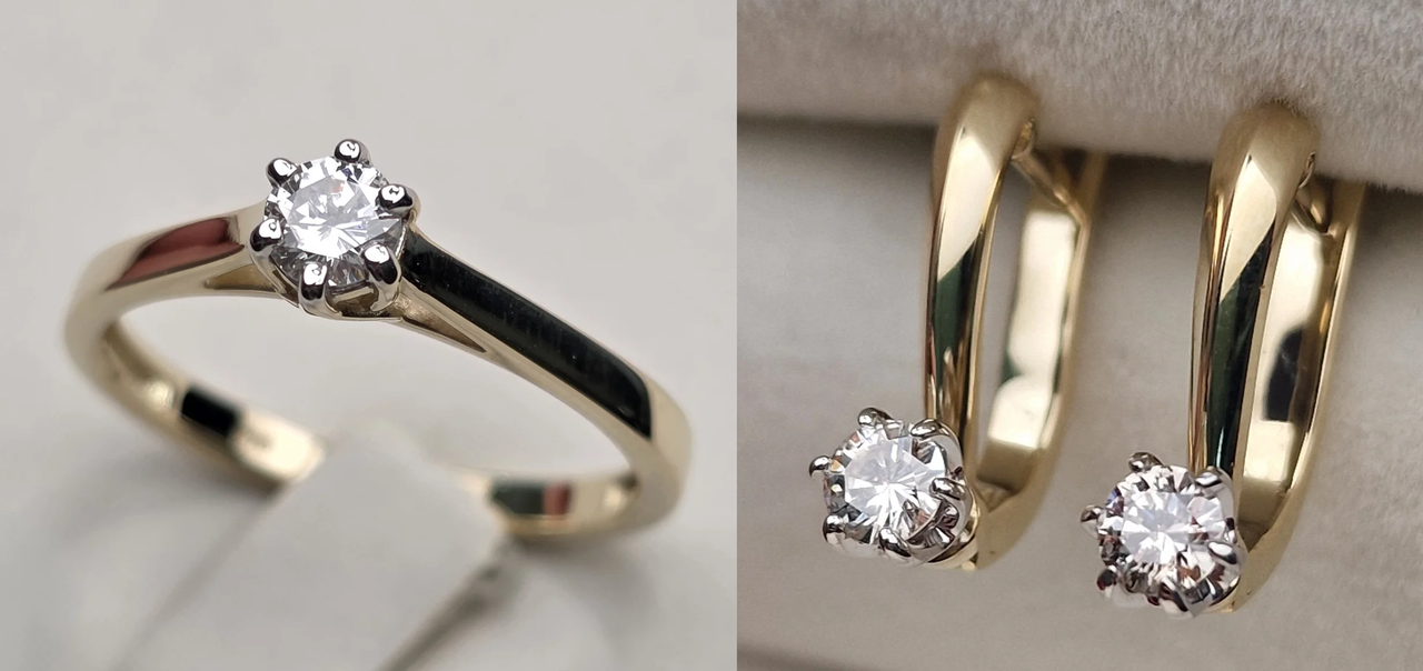 Золотой набор с бриллиантами (кольцо 18р  0.23Сt  I1/I VG - Cut ,серьги 0.38 Ct SI2-I1/K, Good-Cut), фото 1