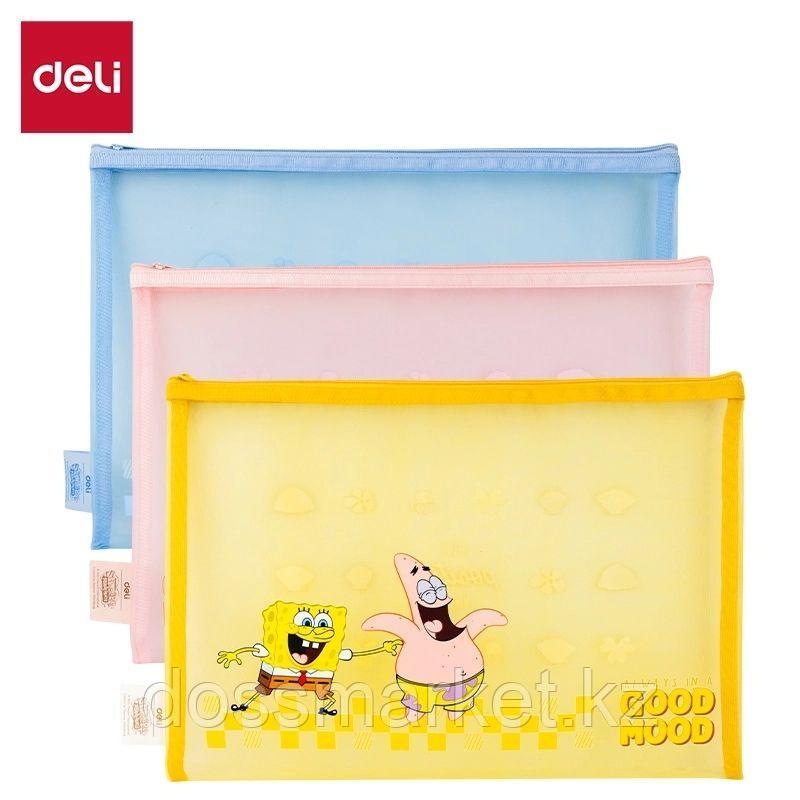 Папка-конверт на молнии Deli "SpongeBob", А4, сетка, ПВХ, ассорти
