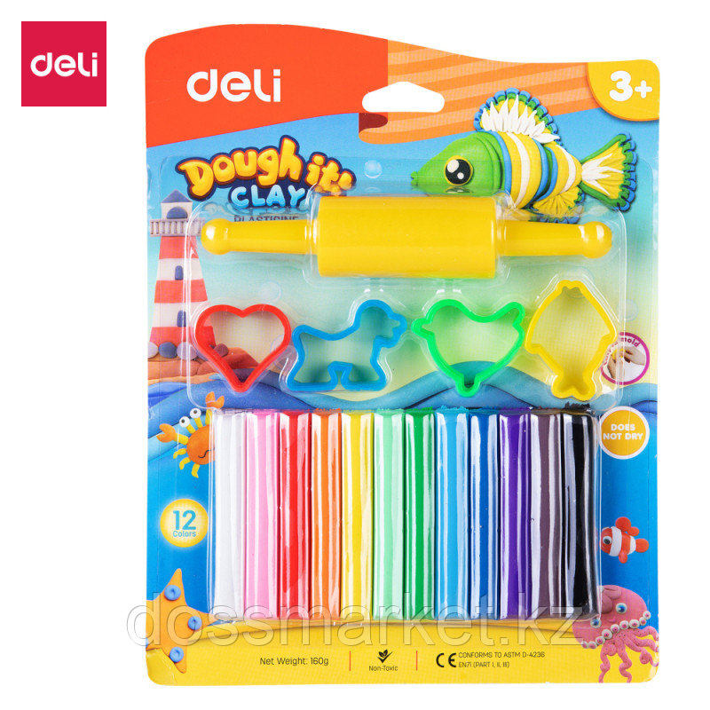 Пластилин Deli Dough 12 цветов, 160 гр., блистер с европодвесом, фото 1