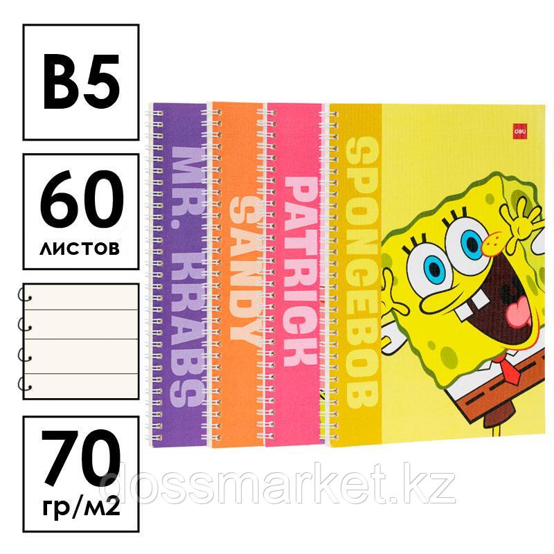 Записная книжка DELI "SpongeBob" на спирали, B5, 60 листов в линейку, ассорти, фото 1
