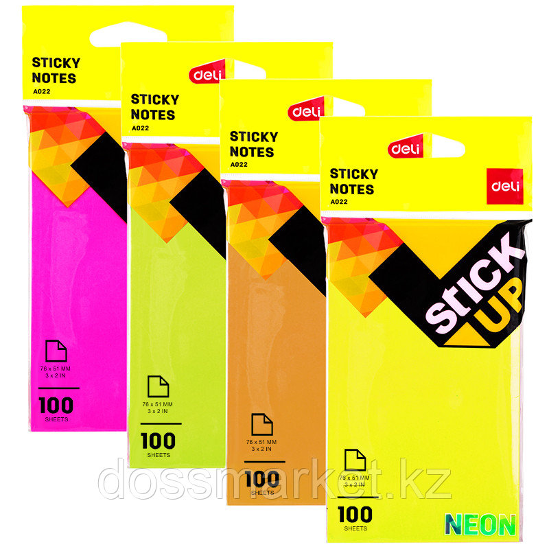 Клейкие листки DELI "Stick Up", 76х51 мм, ассорти неоновые, 100 листов, фото 1