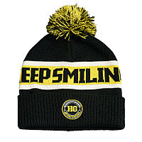 Образец вязанная шапка с помпоном и отворотом, двойная, 100% аркил, черный, желтый, , 50005