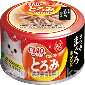 Влажный корм CIAO Toromi для кошек Куриное филе и тунец Магуро со вкусом морского гребешка в бульоне, консервы 80г