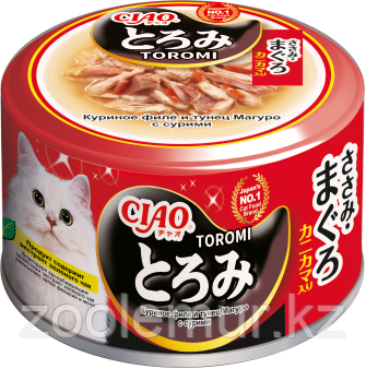 INABA CIAO TOROMI Куриное филе и желтоперый тунец с добавлением сурими в бульоне, 80г