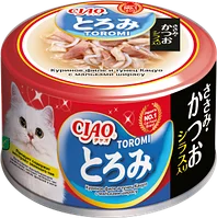 Влажный корм CIAO Toromi для кошек Куриное филе и тунец Кацуо с мальками ширасу в бульоне, консервы 80г
