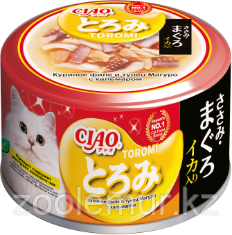 INABA CIAO TOROMI Кальмар, филе курицы, мраморный тунец в бульоне, 80г