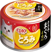 Влажный корм CIAO Toromi для кошек Куриное филе и тунец Магуро с кальмаром в бульоне, консервы 80г