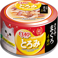 Влажный корм CIAO Toromi для кошек Куриное филе и тунец Магуро с кальмаром в бульоне, консервы 80г