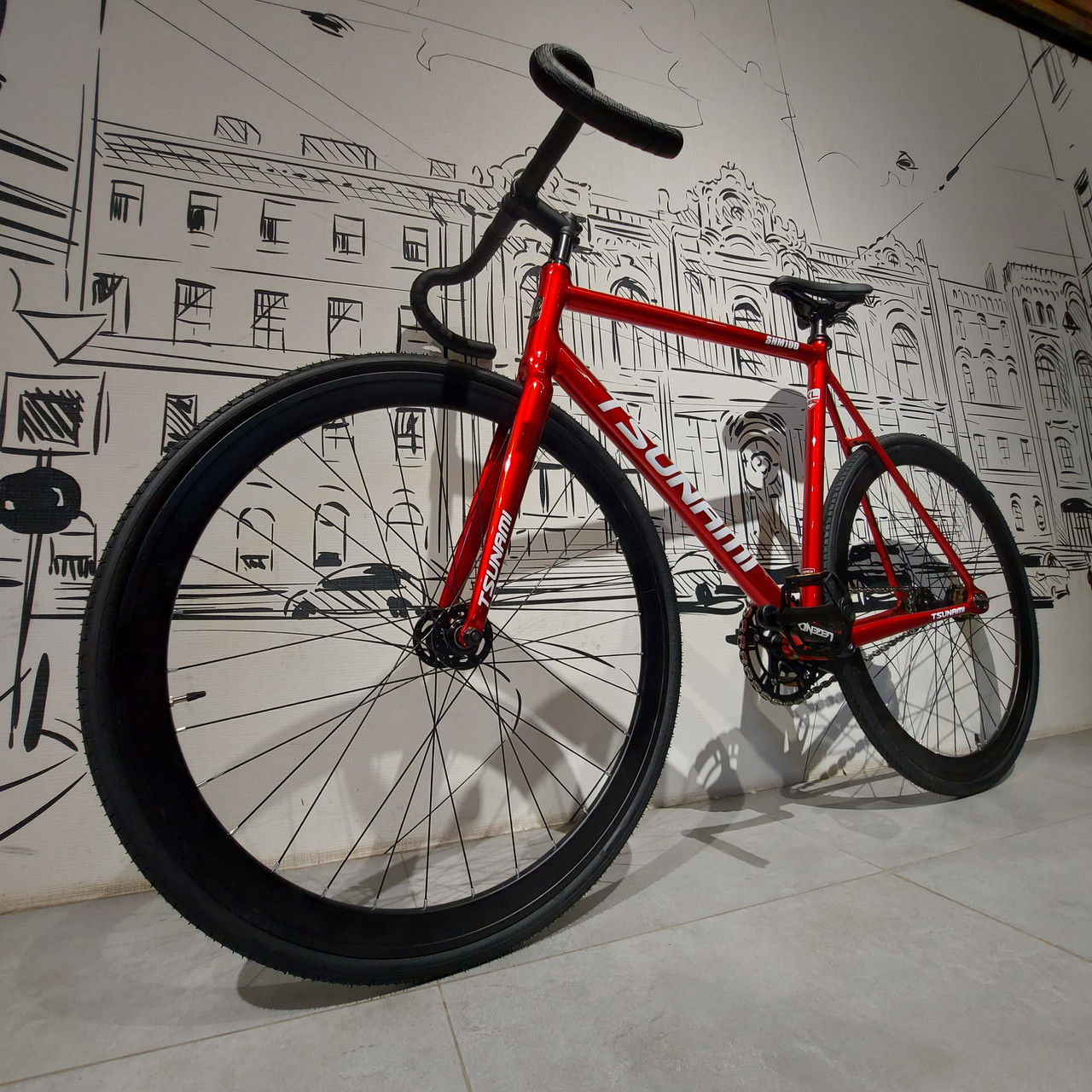 Велосипед "TSUNAMI" SNM100. FIX + Singlespeed 2 в 1. Фикс. Сингл. Фиксированная передача. ТСУНАМИ. Цунами. Красная Рама M., фото 1