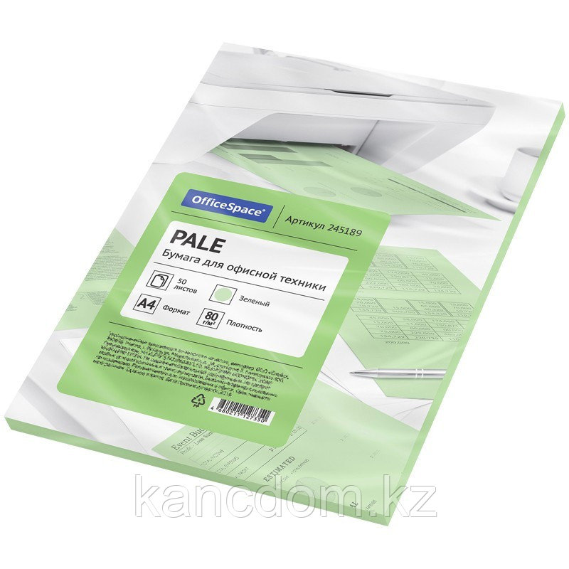 Бумага форматная цветная OfficeSpace 245189 Pale, А4, 80 г/кв.м., 50 л., зеленая