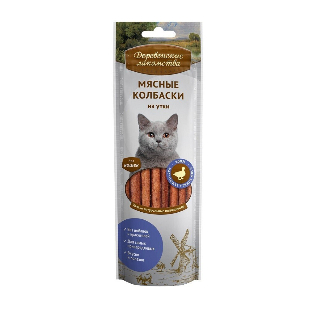 Деревенские лакомства Мясные колбаски из утки для кошек, 45 г