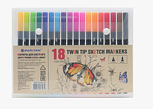 Фломастеры  18 цветов. Маркеры для скечинга двухсторонние кисти+линеры. twin tip sketch markers