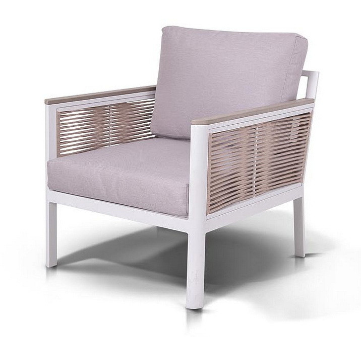 "Сан Ремо" кресло плетеное из роупа садовое, каркас алюминий белый, роуп бежевый, ткань бежевая, фото 1