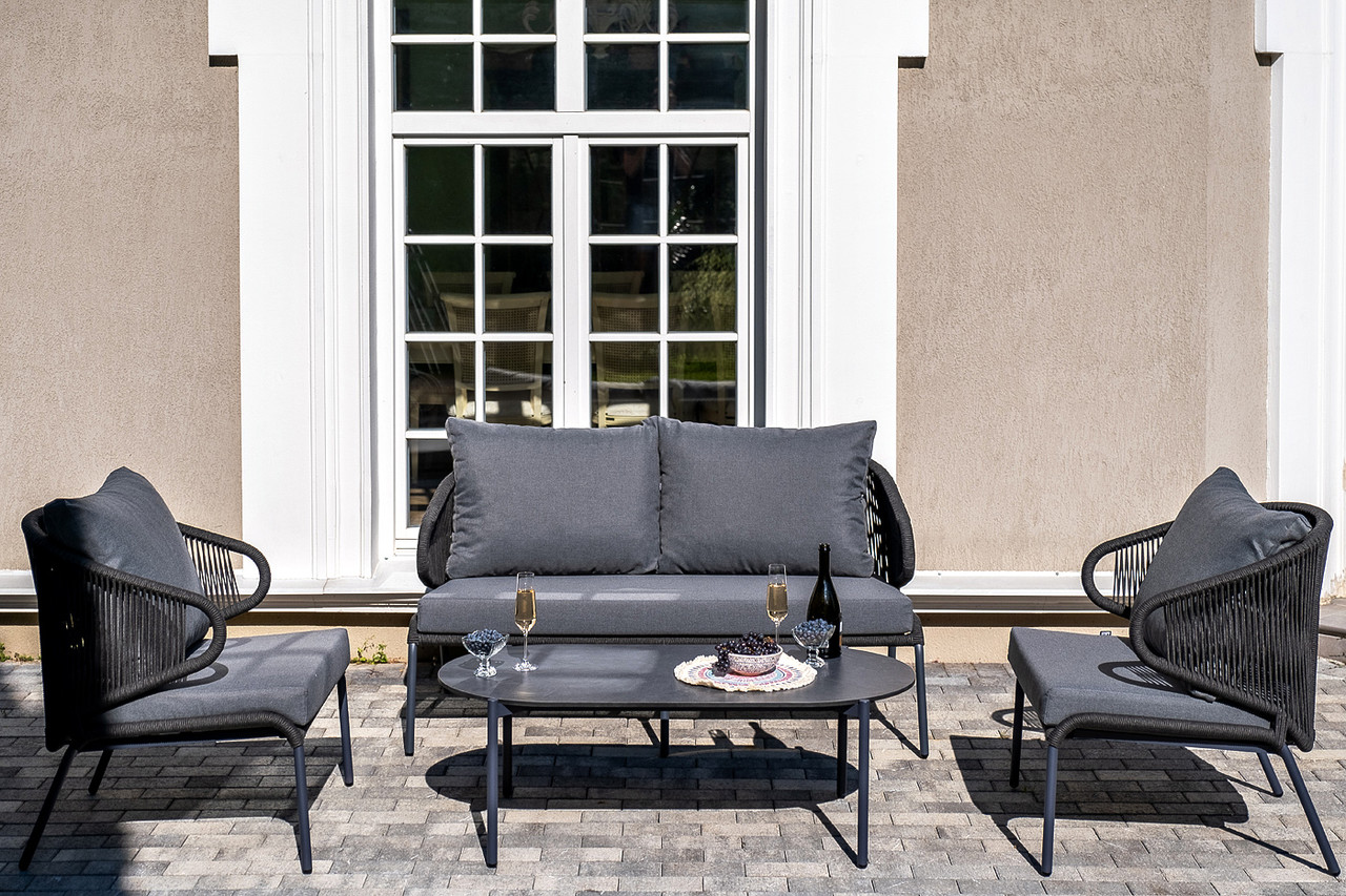 "Милан" лаунж-зона 4-местная плетеная из роупа (веревки), каркас алюминиевый темно-серый, роуп темно-серый, фото 1