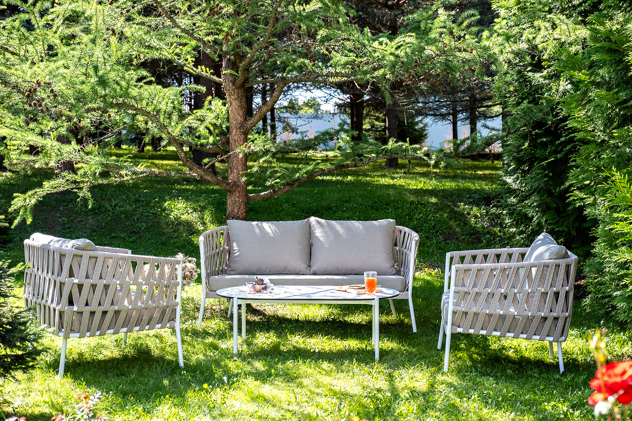 "Диего" лаунж-зона 4-местная плетеная из роупа (веревки), каркас алюминиевый белый, роуп бежевый, фото 1