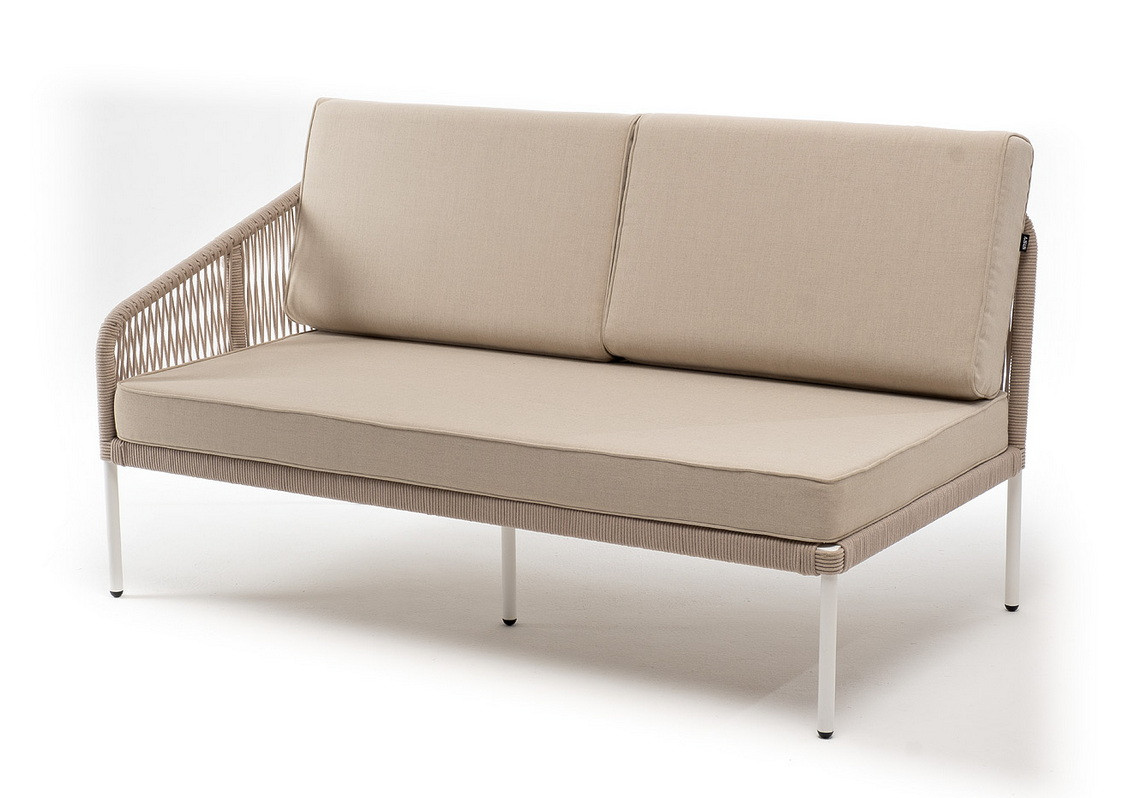 "Канны" правый модуль плетеный из роупа, каркас алюминий белый муар, роуп бежевый круглый, ткань бежевая 15052, фото 1