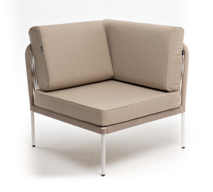 "Канны" угловой модуль плетеный из роупа, каркас алюминий белый муар, роуп бежевый круглый, ткань бежевая, фото 1