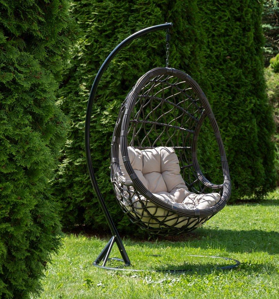 "Венеция" подвесное кресло-кокон из искусственного ротанга, цвет серый с бежевой подушкой, фото 1