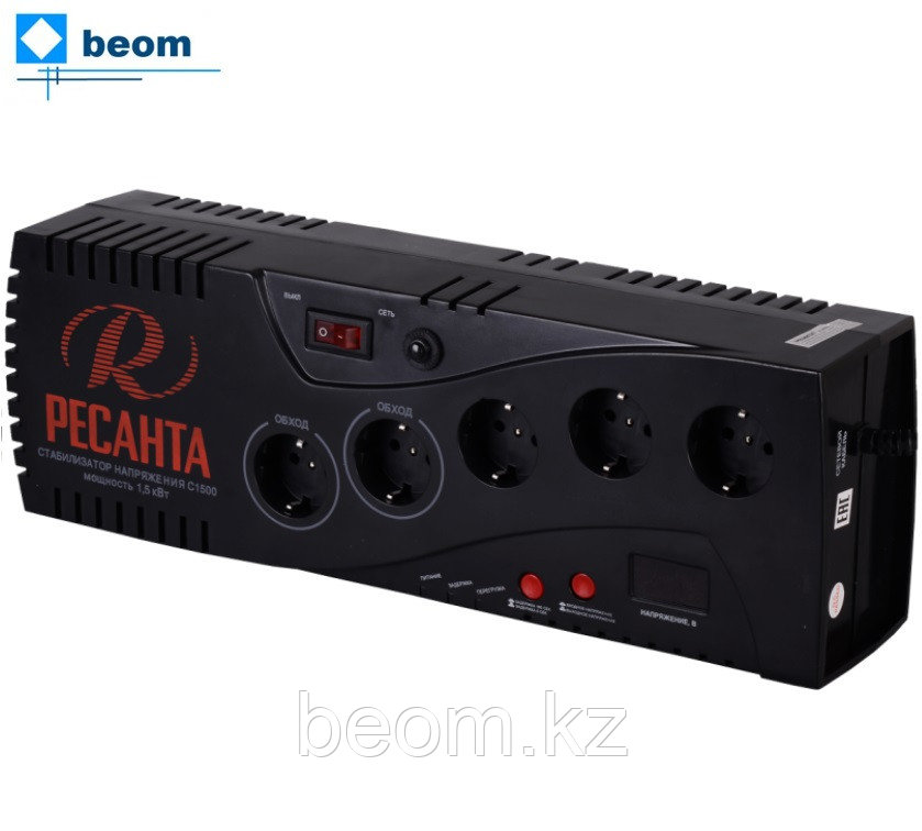 Стабилизатор Ресанта С1500 (1500 Вт | 220 В | 5-7 мс | ~8% от 140 до 260 В | Вес, кг 3.5 | розетки 5, 2 со стабилизацией)