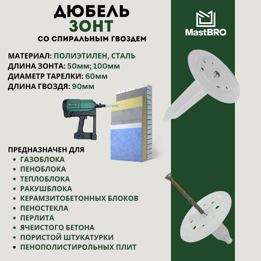 Дюбель зонты 100мм по газоблоку со спиральным гвоздем